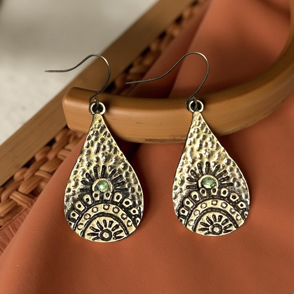 Hand Crafted Jewelry - Boho Handmade Hammered Teardrop Earrings . Antique Bronze Tone + Green Crystals
